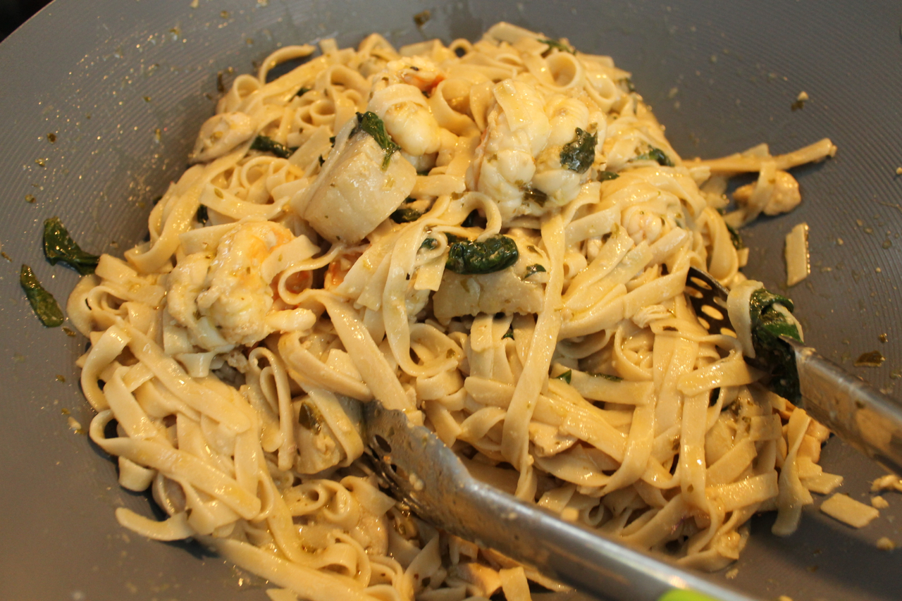 Gluten Free Seafood Linguine With Spinach in Coconut Oil, Lemon, Lime, Garlic Butter Sauce